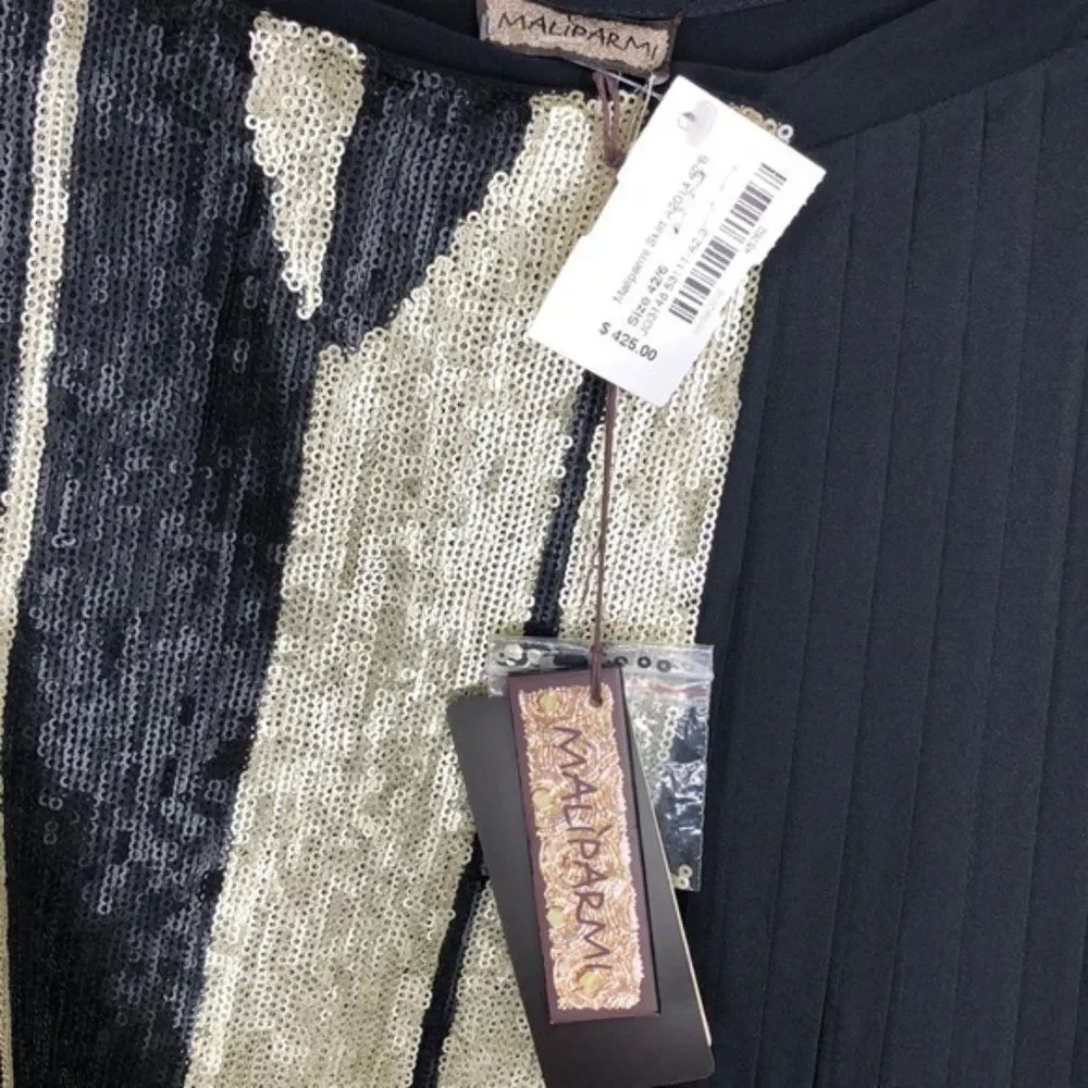 Maliparmi Italian Sequin Pleated Black and Gold Wrap Skirt 42/6 NWT